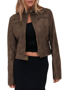 Onedreamer Women's Faux Leather Cropped jackets Casual Vintage Zip Up Stand Collar Motorcycle Short Coat Jacket