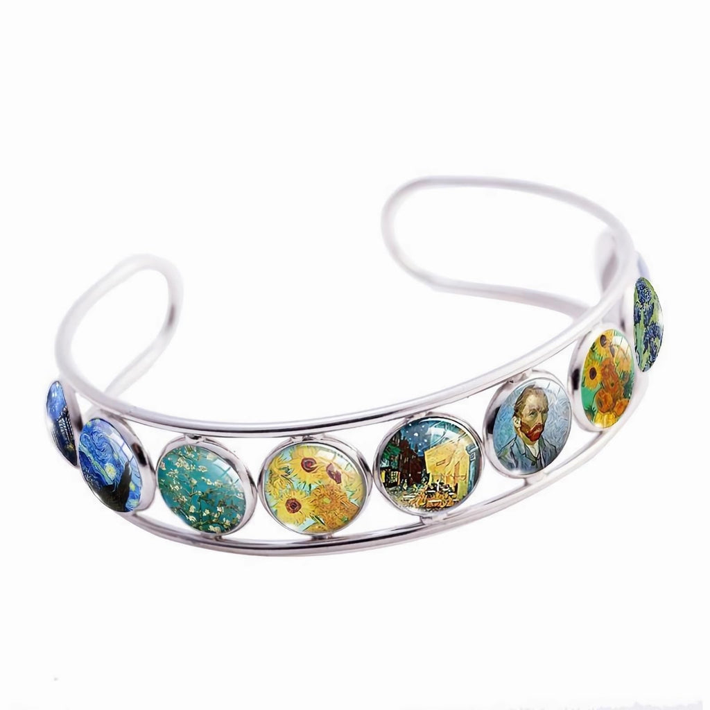 Mariiearly Van Gogh Art Pattern Bracelet?Vincent Van Gogh Starry Night Jewelry Sunflower Bracelet Almond Branch Blooming Bracelets Stained Glass Cuff Bracelets Jewelry Gifts For Artists Women