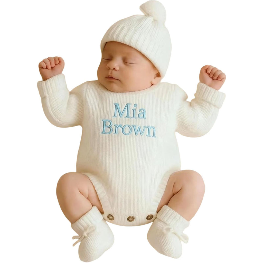 Personalized Embroidered Baby Romper Set - Custom Newborn Coming Home Outfit Infant Bodysuit Sweater