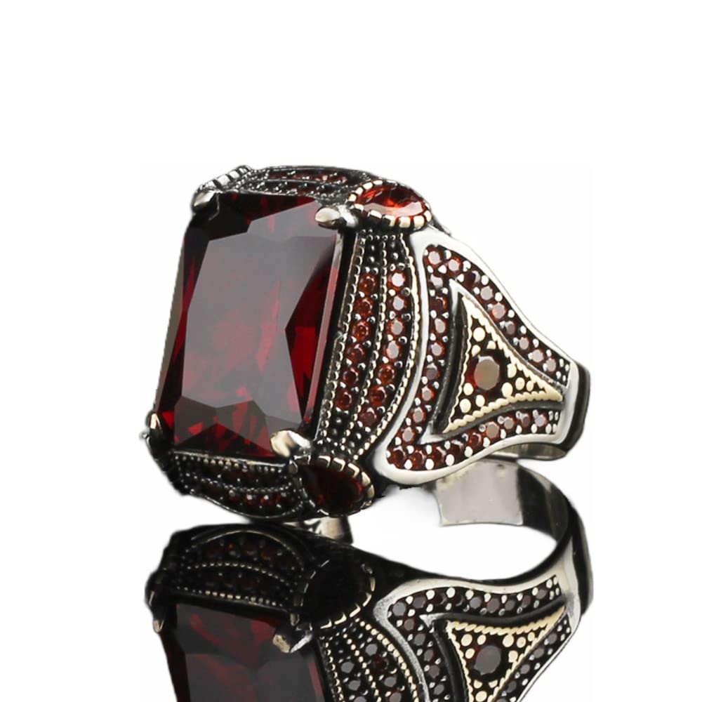 BayVog Handmade Silver Men's Ring with Garnet GemStone, Handmade Turkish Silver Ring, Gift for him, Sterling silver Garnet Stone ring gifts for men handmade rings valentines day gifts for him