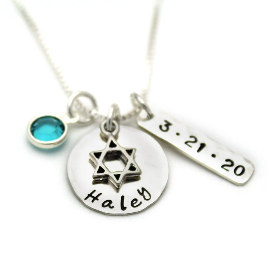 Tracy Tayan Designs Bat Mitzvah Necklace with Date and Birthstone, Personalized Bat Mitzvah Necklace, Bat Mitzvah Gift, Hand Stamped Jewelry, Sterling Silver