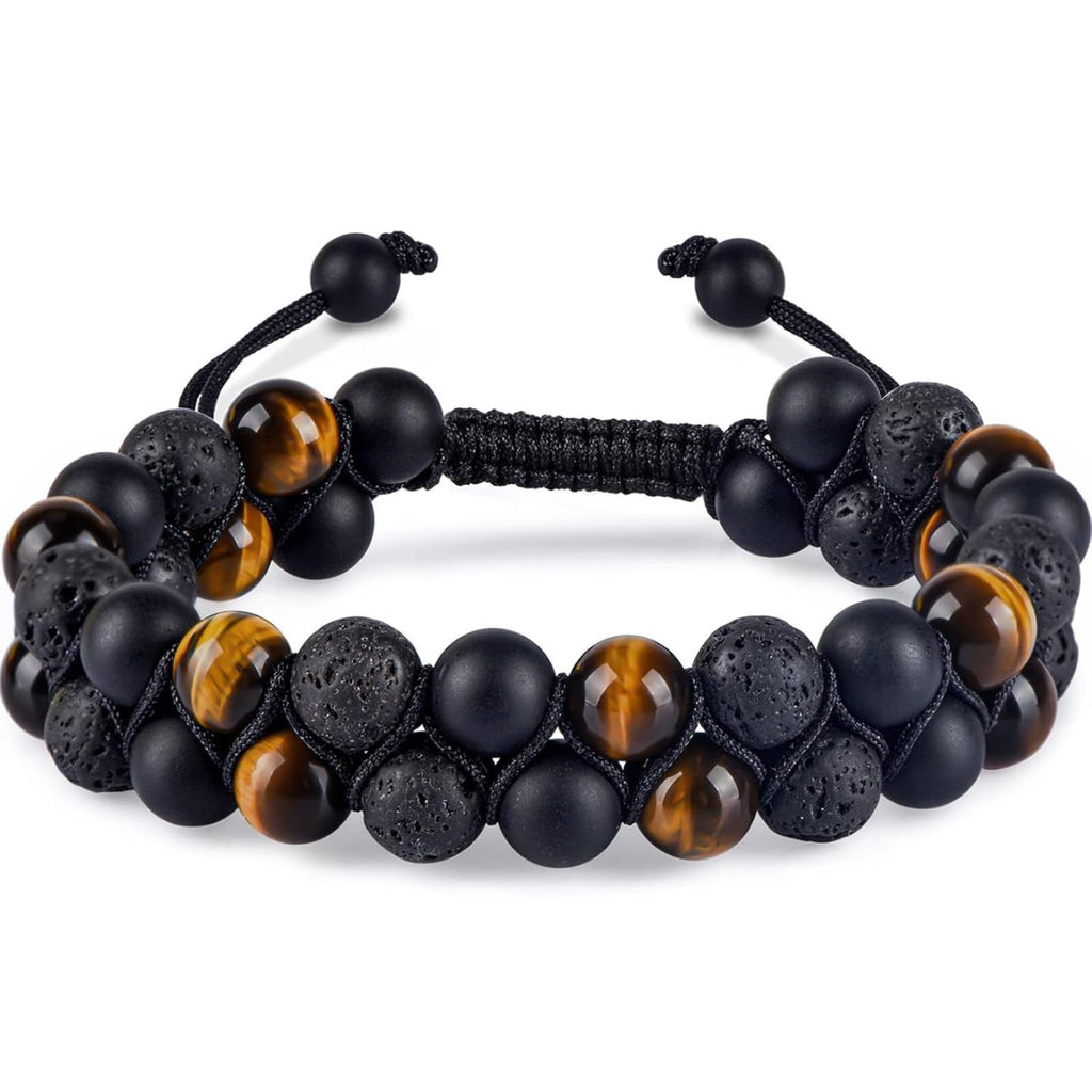 BHAVYAASHI Triple Protection Bracelet for Men Women Lava Rock, Black Onyx & Tiger Eye – 8mm Handmade Beads | Healing Crystal Protection Bracelets for Luck, Prosperity & Happiness