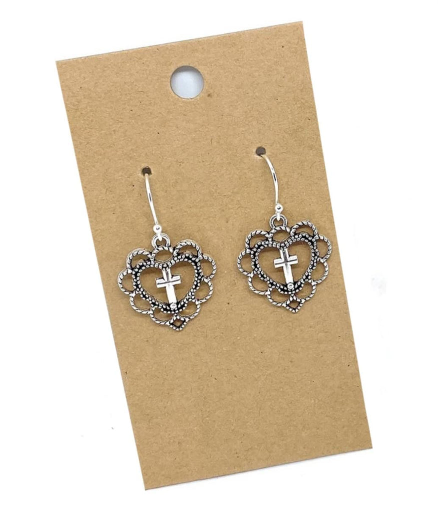 Filigree Cross Heart on Sterling Silver Earrings
