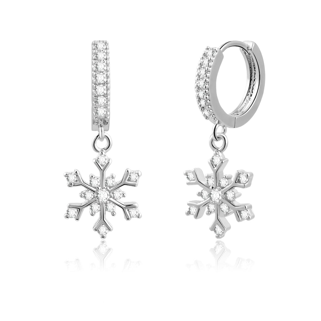 Watforsh Silver Snowflake Hoop Huggie Cubic Zirconia Christmas Winter Snow Dangle Drop CZ Earrings for Women