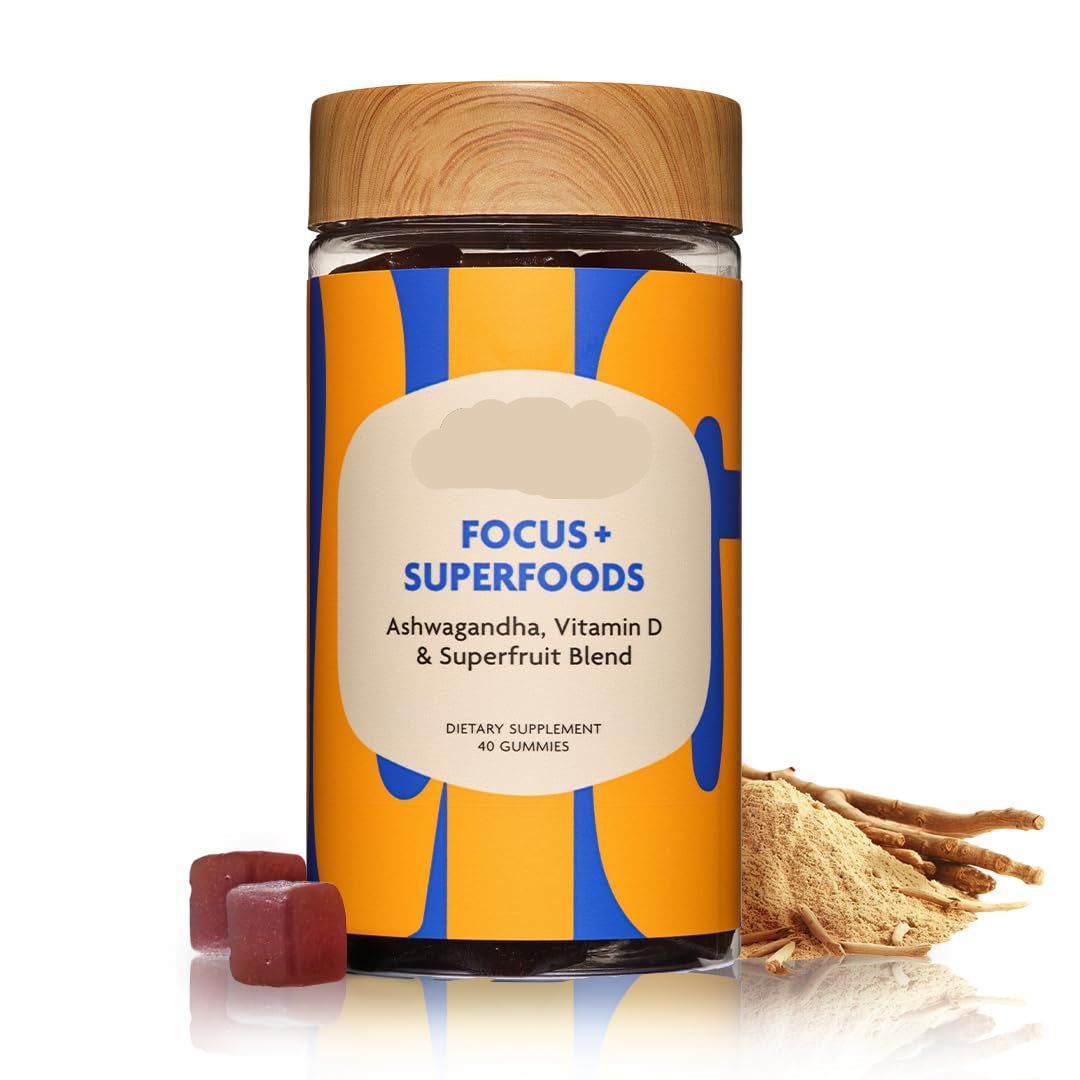 Jugo Focus + Superfoods dietary supplement jar with gummies on a white background
