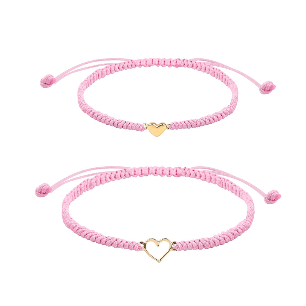 Mother Daughter Bracelets, Mother Daughter Matching Adjustable Heart Bracelets Set of 2 Pink String