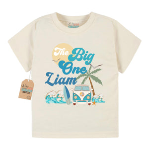 Kids Kingdom First Birthday Outfit Boy The Big One Customized Shirt 1st Birthday Outfit Boy Waves Surfing Party Shirt Blue and Beige
