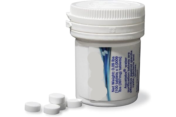 Aquatabs water purification tablets in a white container on a white background