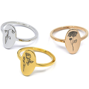 MignonandMignon Birth Flower Ring, Personalized Engraved Floral Jewelry for Birthdays, Unique Gift for Women, Handmade Jewelry Gift for Grandma– OR-FL