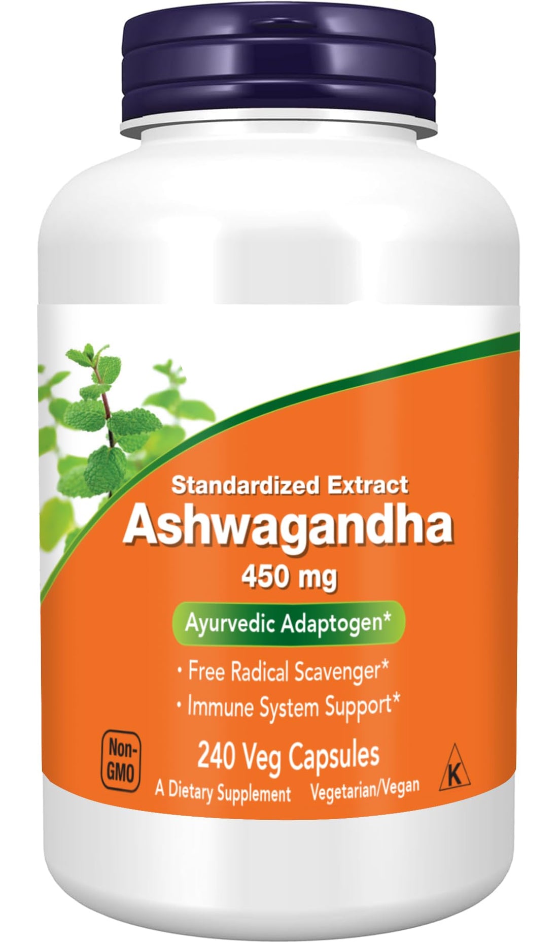 Supplement bottle of Ashwagandha with Now brand on a white background