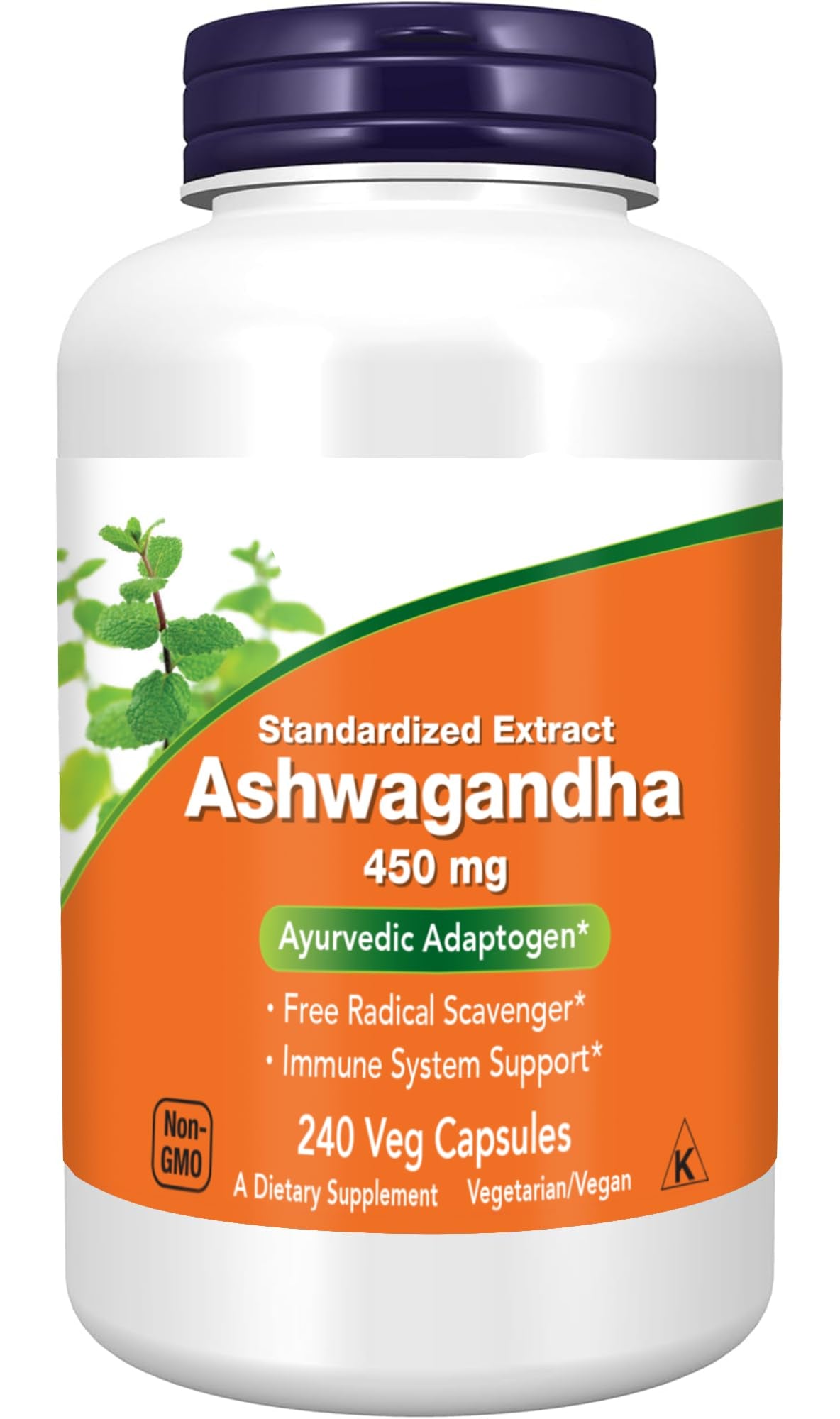 Supplement bottle of Ashwagandha with Now brand on a white background