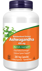 Supplement bottle of Ashwagandha with Now brand on a white background