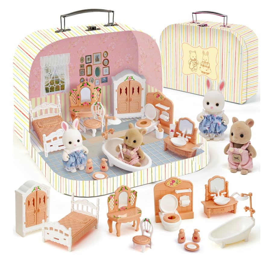 Suitcase Dollhouse Furniture Set for Kids, Mini Dollhouse Box with 2 Flexible Dolls and Bedroom&Bathroom Furnitures, Pretend Play Accessories Christmas Birthday Gift for Toddlers Ages 3+