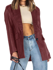 Womens Oversized Leather Jacket Long Sleeve Faux Leather Blazer Lapel Button Down Leather Shacket Coat with Pockets