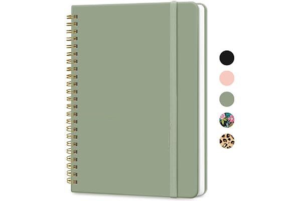 Green lined journal notebook with spiral binding on a white background