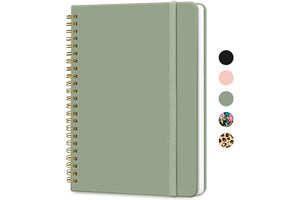 Green lined journal notebook with spiral binding on a white background
