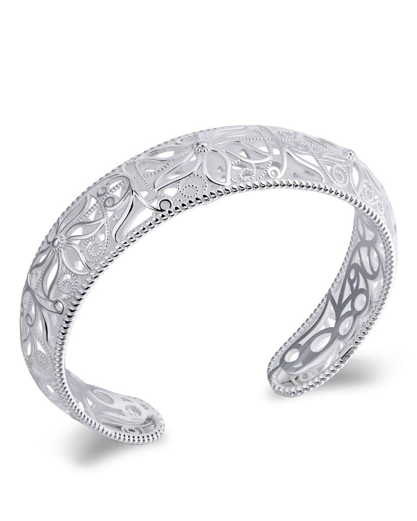 Desnuage Sterling Silver Cuff Bracelet for Women - Intricate Floral Pattern Bangle, Bohemian Chunky Wide Silver Bracelet