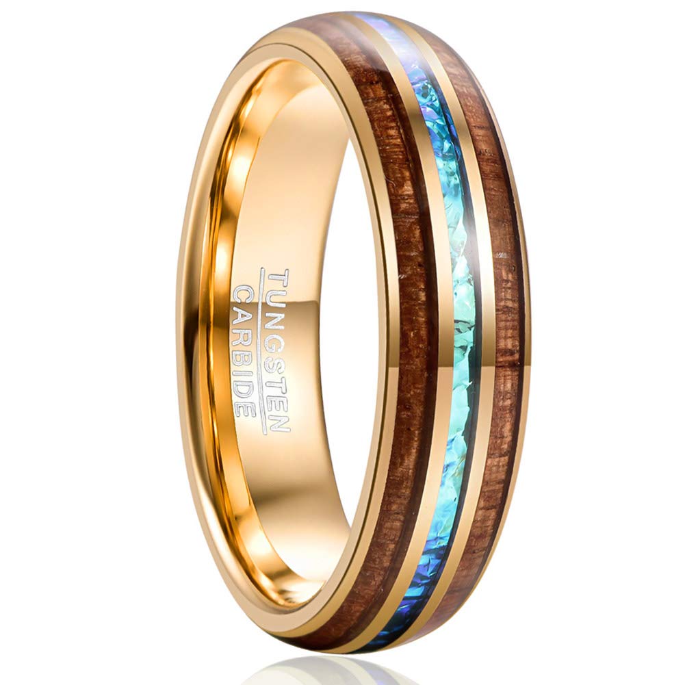 Vakki Rings for Men Women 6mm Gold Tungsten Wedding Bands Hawaiian Koa Wood and Blue Inlay 12