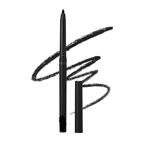 Black eyeliner pencil with smudges on a white background, featuring the e.l.f. brand.