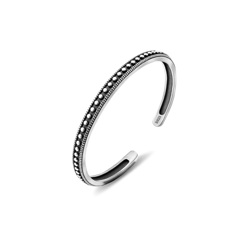 Irideket Vintage Sterling Silver Cuff Bracelet Bangle, Adjustable Silver Bangle with Carved Dot Design Handcrafted Vintage Silver Jewelry for Women