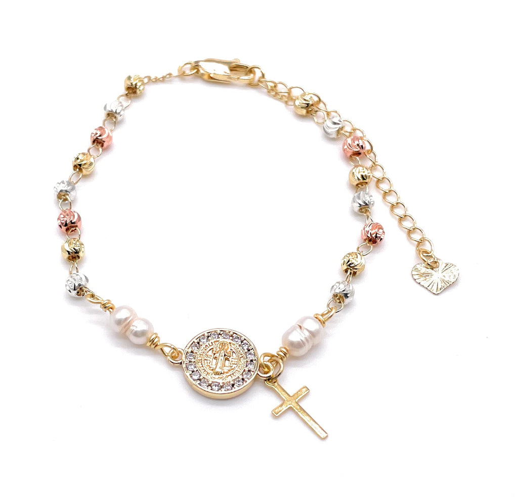 Saint Benedict Bracelet, Cross Bracelet, Saint Benedict bracelet Pearls, San Benito Protection Bracelet, Catholic Bracelets for Women, St Benedict Medal, Women Gifts, San Benito Jewelry.