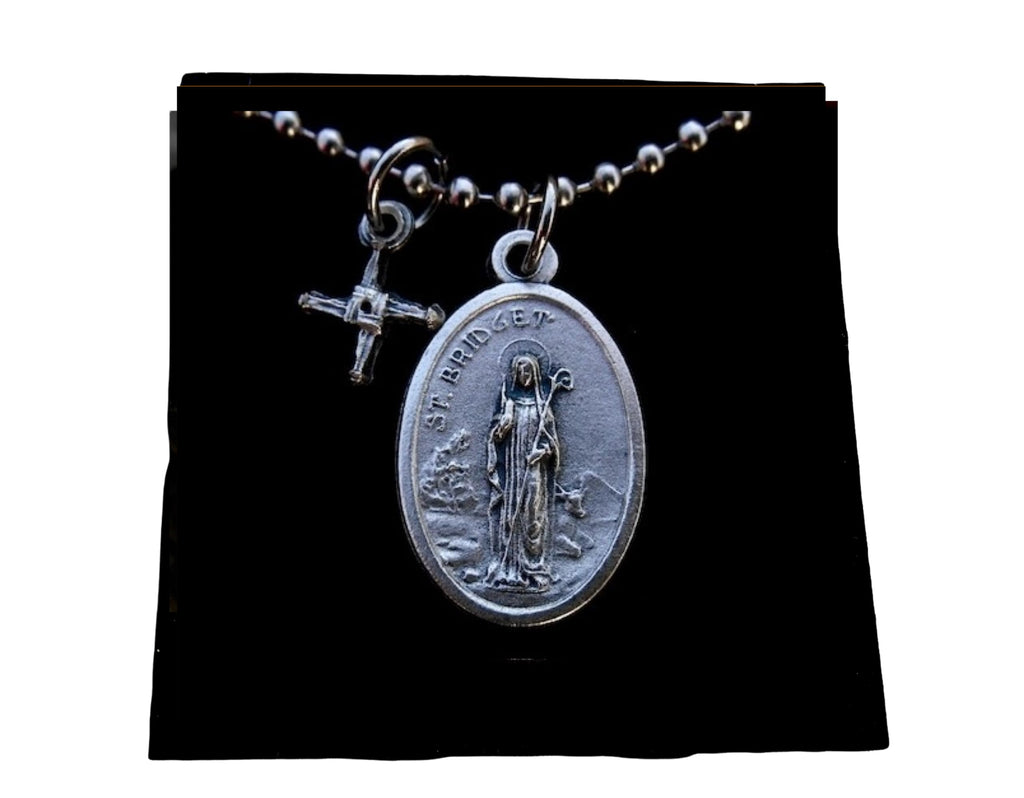 Saint Bridget Medal Necklace, Saint Bridget Cross Necklace, 30" Stainless Steel Ball Chain, Patron Saint Necklace, Irish Necklace, Embolic, Confirmation