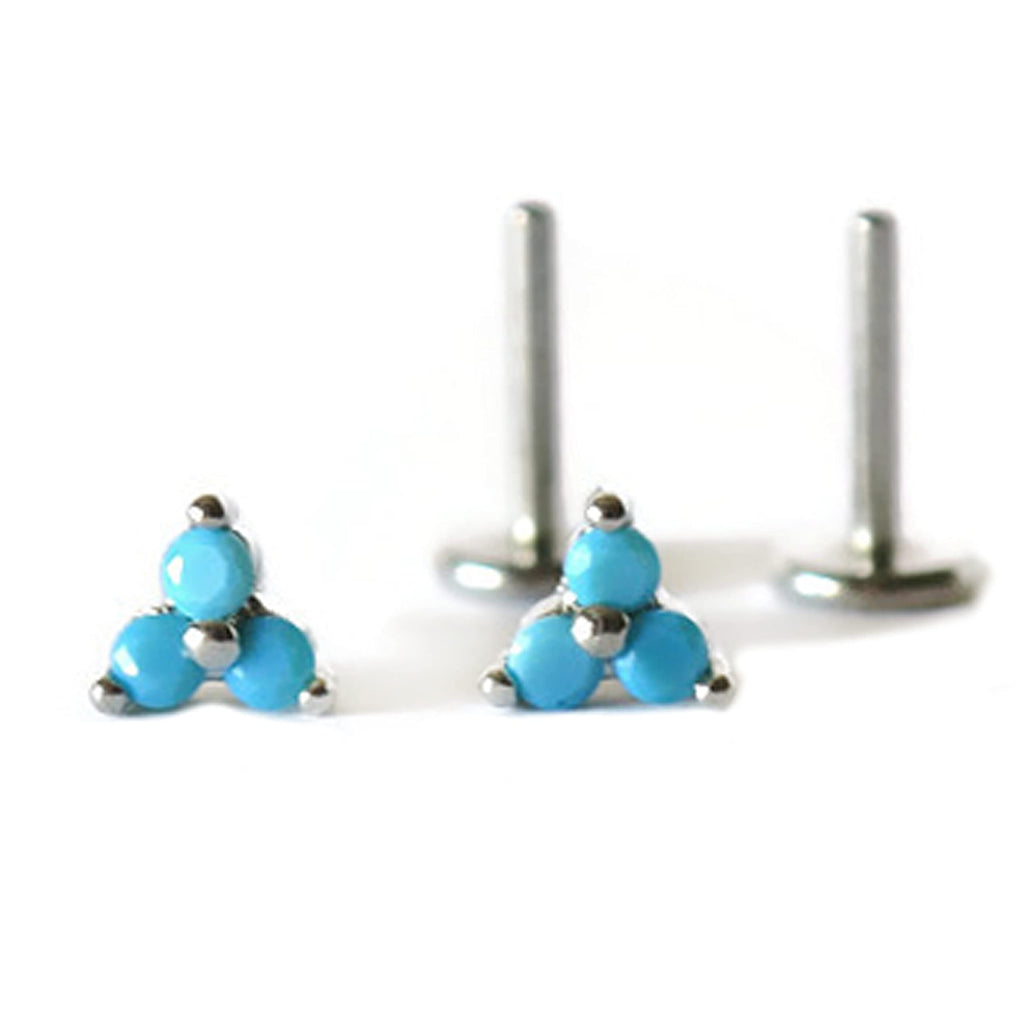 Sterling Silver 18 Gauge Threadless Push Pin Flat Back Labret Trinity Turquoise Stud Earring Nickel Free Lead Free Handcrafted In USA (Two 8mm Studs Rhodium Plated)