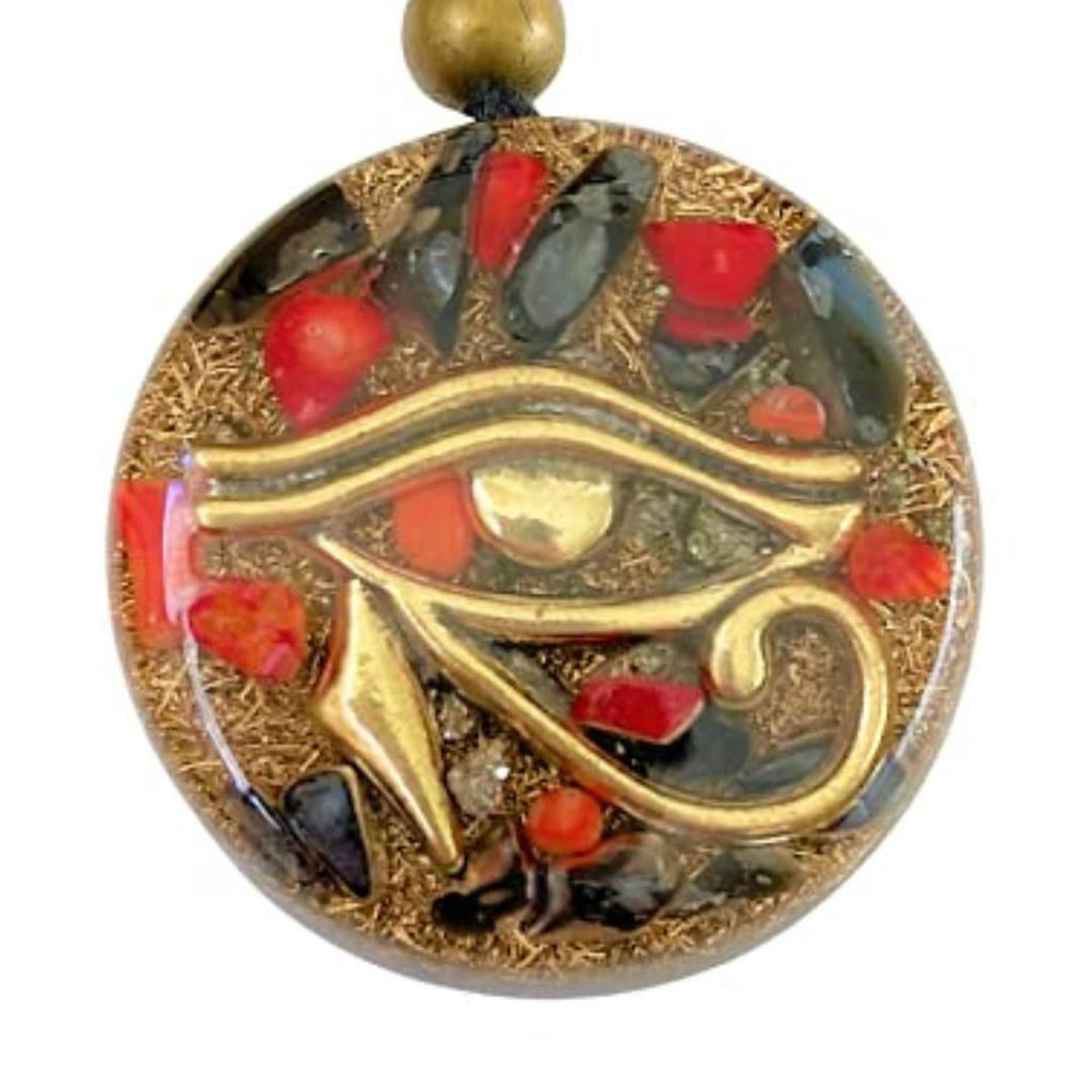 ARTE ORGONES & Design Orgone Pendant, Eye of Horus, Black Tourmaline Healing Crystals and Stones Amulet - Women Men Orgonite Necklace Onyx, Pyrite, Coral - Yoga Meditation Reiki, Handmade