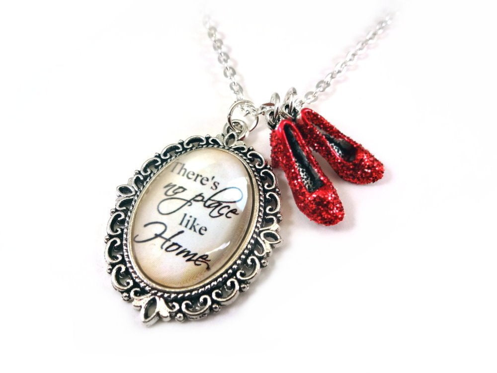 Little Gem Girl There's No Place Like Home with Dorothy's Ruby Red Slippers The Wonderful Oz of Wizard Charm Necklace, Handmade Artisan Womens Jewelry