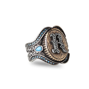 Handmade Personalized Men Silver Ring 925 Solid Sterling Silver Turquoise Stone Men's Ring Handcrafted Customizable Letter Ring Monogram Silver Ring