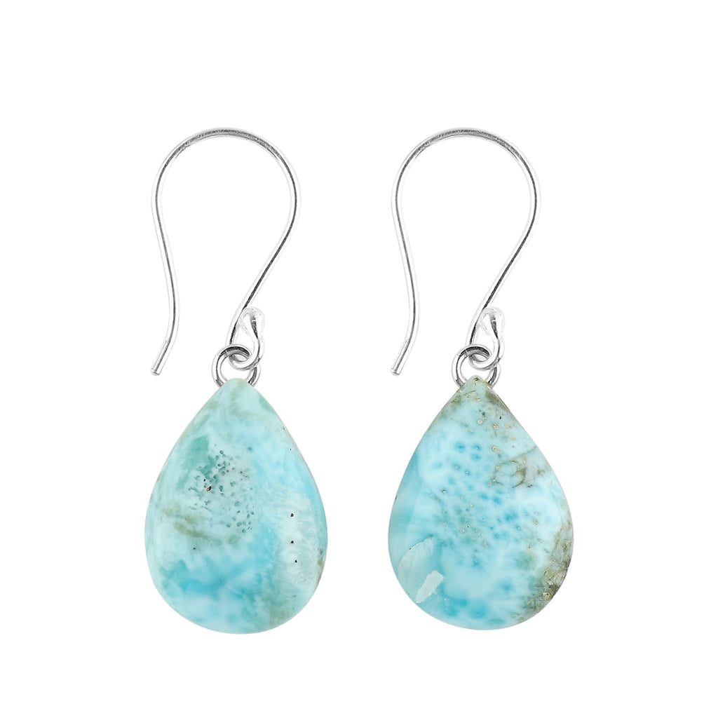 DEVMUKTI 925 Sterling Silver Earrings, Natural Sky Blue Larimar Gemstone, Handmade Bohemian Jewelry, Pear Cabohcon Healing Crystals Earring for Women, Christmas Gift (Approx.18x12mm)