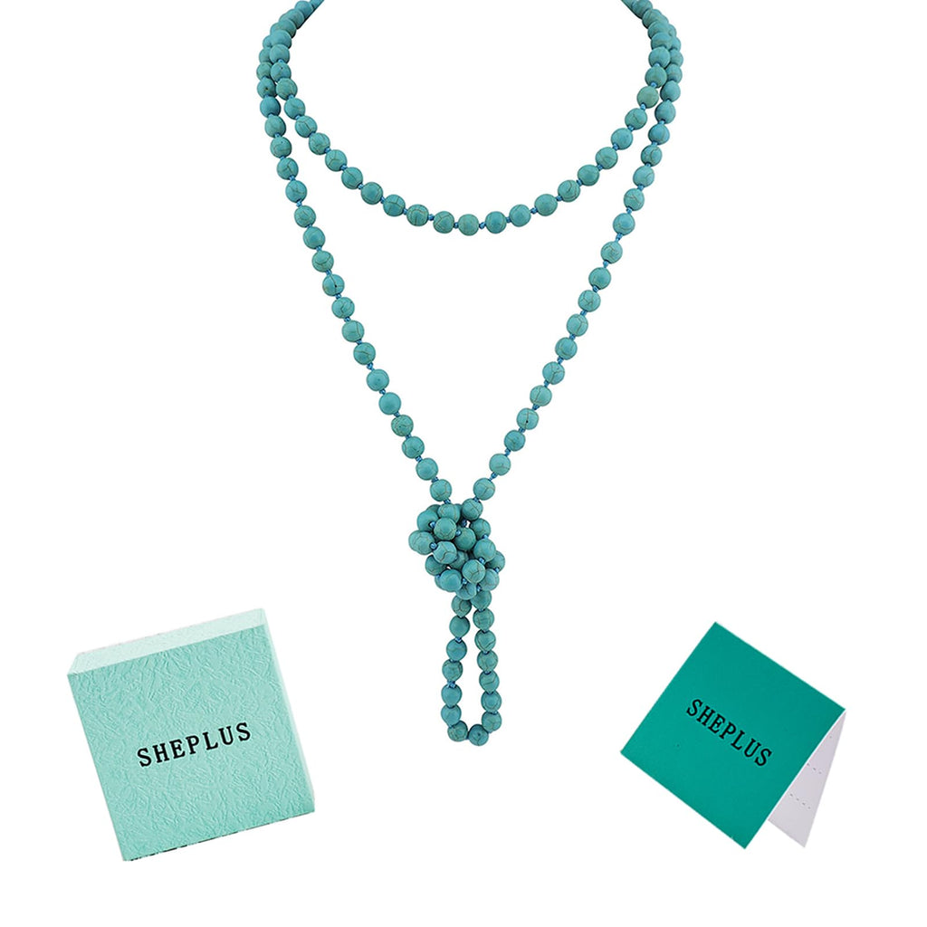 Sheplus Christmas Gifts for Grandma - Extra Long Genuine Original Turquoise Beaded Choker Multi Strand Necklace Handmade Statement Boho Western jewelry