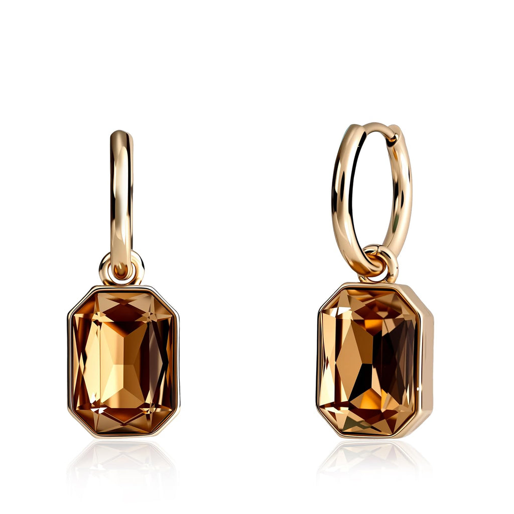 Desnuage Gold Hoop Dangle Earrings - Brown Gemstone Crystal Drop Earrings, Hypoallergenic Vintage Hoop Earrings for Formal & Daily Wear