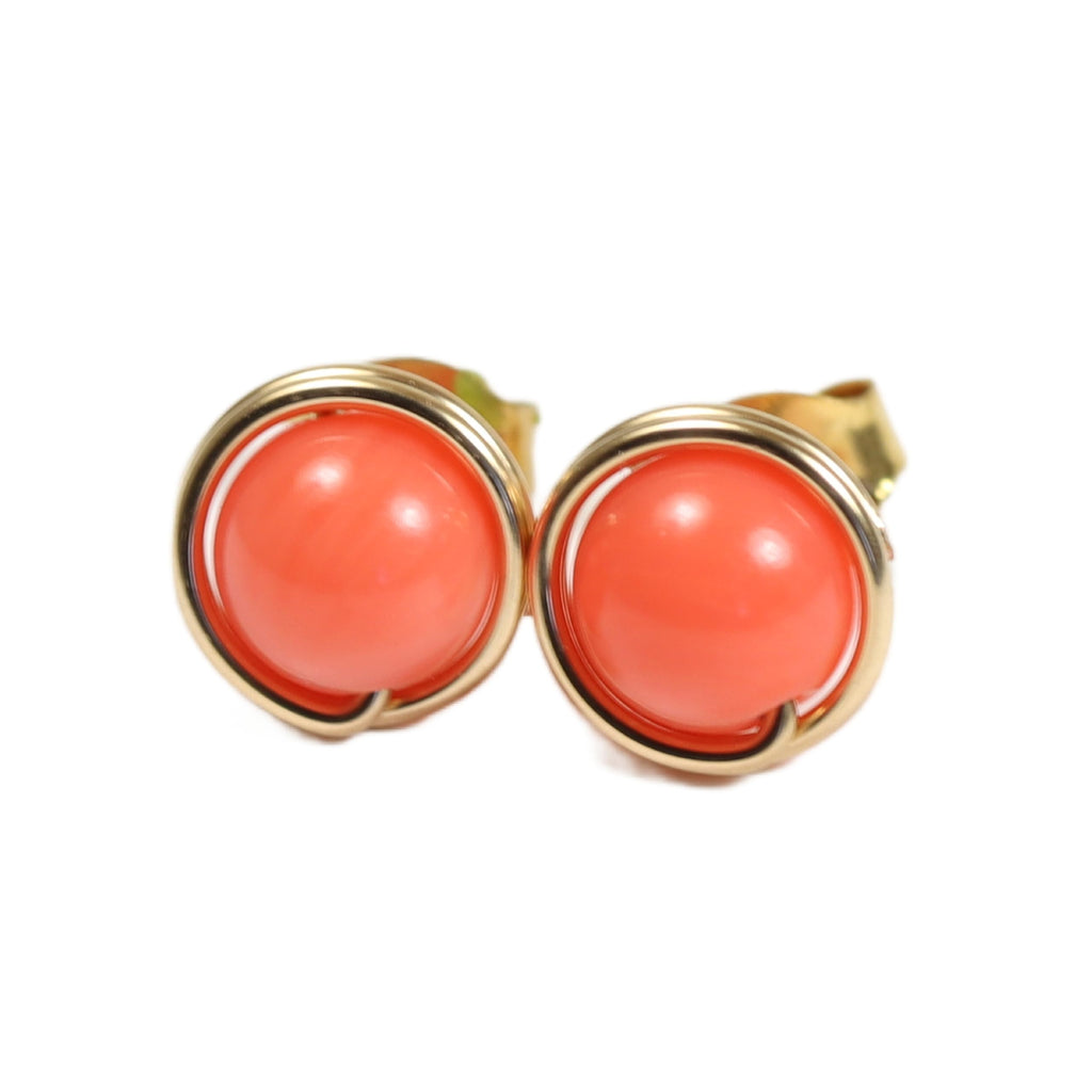 Jessica Luu Jewelry Gold Orange Coral Gemstone Stud Earrings Wire Wrapped 6mm or 8mm Handmade