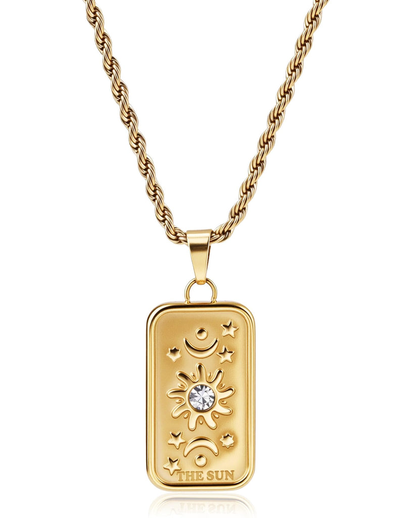 Zikichiky Sun Moon Stars Tarot Card Pendant Necklace for Women-14K Gold Plated Rope Chain Necklaces with Square Celestial Pendant, Unique Amulet Vintage Jewelry Gift for Women