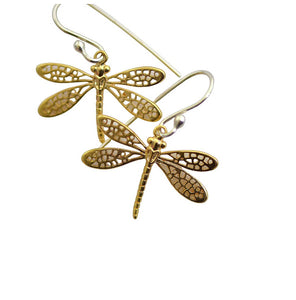 Petite 24k electro flash gold plated dragonfly dangle earrings little small lightweight hypoallergenic gift handmade sterling silver jewelry for women dragon fly