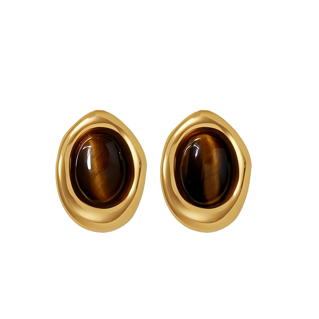 Natural Tiger Eye Stone Stud Earrings for Women, 18K Gold Plated Titanium Steel Brown Earrings, Vintage Gemstone Earrings for Statement Jewelry