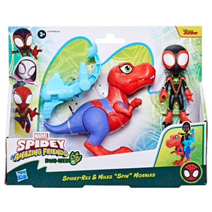 Marvel Spidey and His Amazing Friends Dino-Webs Spidey-Rex & Miles “Spin” Morales 4-inch-Scale Spider-Man Action Figure Set, Toys for Kids