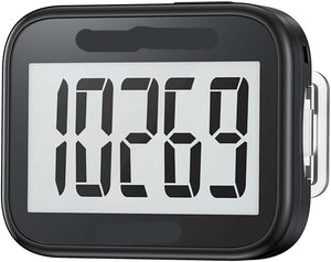 Black pedometer with digital display showing steps, brand 'Neskla' visible