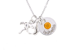 DistinctlyIvy Personalized Horse Necklace – Custom Name, Birthstone Crystal - Laser Engraved Disc - Girls Christmas Gift Pony Lover Charm - DGR-15mm