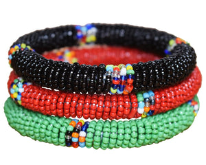 Tembo Crafts Africa - Set of 3 Handmade Bangles for Women - Beaded Bracelets - Boho Jewelry Gifts - Red Green Black - Handmade From Africa