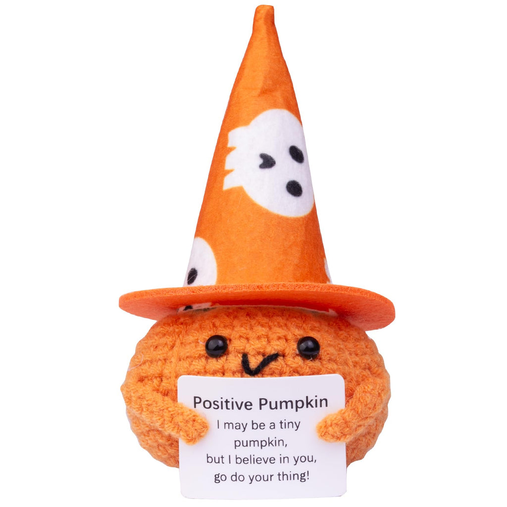 Halloween Positive Pumpkin, Cute Knitted Crochet Doll with Witch Hat Toy Halloween Easter Decoration Gifts Encouragement
