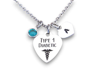Type 1 Diabetic Necklace w/Initial Heart and Birthstone, Type 1 Diabetes Medical Awareness, T1D Necklace, Medical Alert Gift Daughter Wife