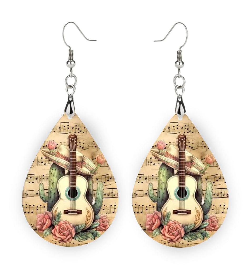 Guitar Earrings with Musical Notes (Cactus Guitar Music)