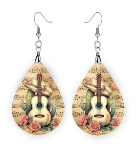 Guitar Earrings with Musical Notes (Cactus Guitar Music)
