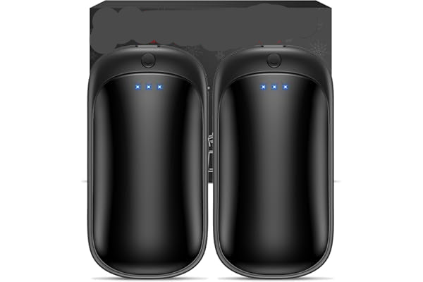 Two black hand warmers with glowing blue lights in a black box labeled 'Hand Warmers'.