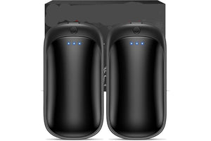 Two black hand warmers with glowing blue lights in a black box labeled 'Hand Warmers'.