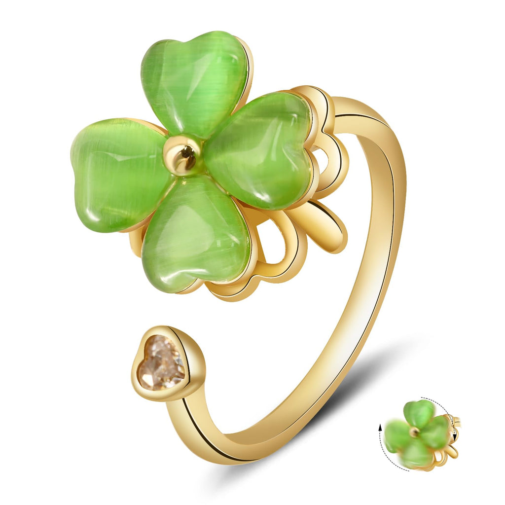 Rotatable Four Leaf Clover Open Rings Adjustable Jade Rings for Women Dainty Good Luck Clover Jewelry for St Patrick’s Day