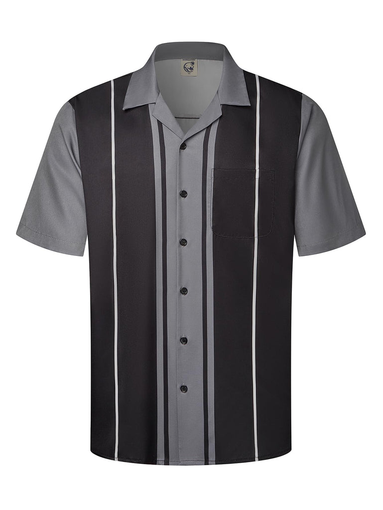 Hardaddy Men's Camp Collar Retro Vintage Bowling Button Down Shirt with Pocket Casual Short Sleeve Beach Shirts Summer Loose Fit Black Striped M