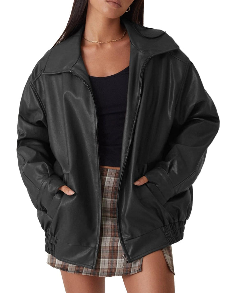 FSVABY Womens Oversized Faux Leather Motocycle Jacket Zip Up Outwear Coat with Pockets